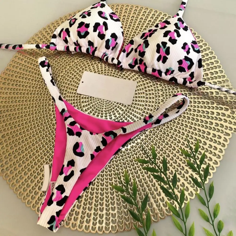 Two-piece Bikini Set Leopard Print Halter Bikini Set Cherry Print Thong Swimsuit Sexy High Waist Lace-up Bathing Suit for Women