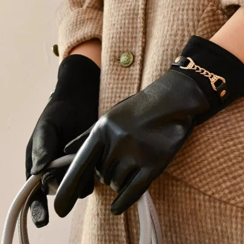 Winter Women Suede Leather Plus Velvet Keep Warm Chain Gloves Fashion Elegant Touch Screen Soft Drive Cycling Windproof Mittens