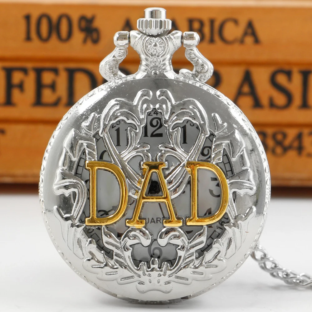 

Luxury Silver/Bronze/Black Quartz Pocket Watch DAD Carved Vintage Design Jewelry Necklace Birthday Gift for Dad