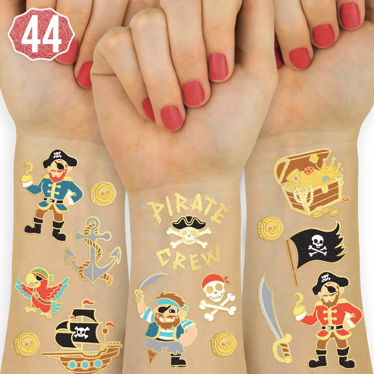 

Pirate Party Supplies Temporary Tattoos Glitter Tattoo for Pirate Birthday Decorations Nautical Treasure Skull Crew Theme Party