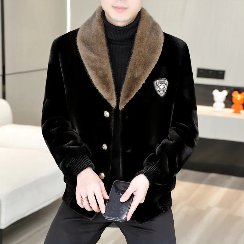 

Contrast Fur Fluffy Gradient Jacket Golden mink fur coat men's short winter coat men's thick green collar imitation fur coat