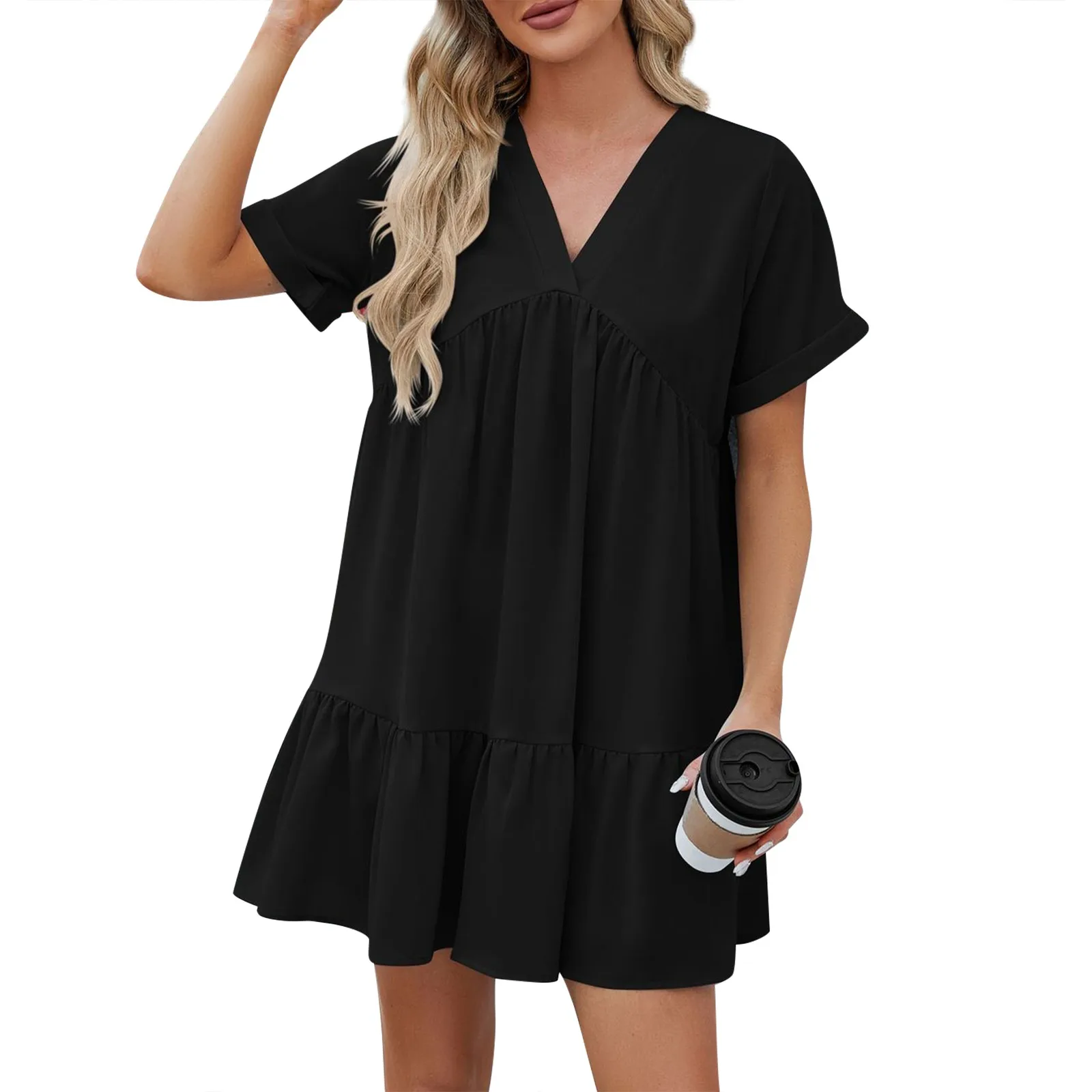 

Женское модное и универсальное элегантное однотонное Плиссированное Платье с V-образным вырезом и короткими рукавами, модная женская одежда с V-образным вырезом