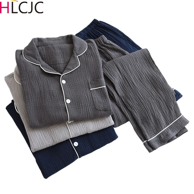 Crepe Cotton Men's Pajamas Suit Four Seasons Thin Lapel Long Sleeve