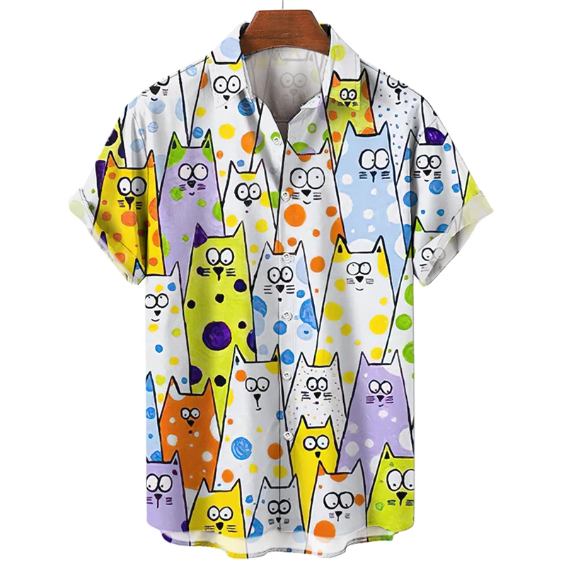 Men's Shirt Hawaiian Short Sleeve Male Clothes Fashion Button Shirt For Girl Kawaii Kitten Top T-shirt Harajuku Cute Blouse Tops 5