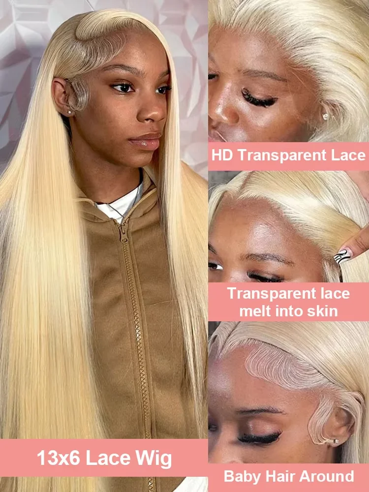 13x4 13x6 Hd 613 Blonde Straight Lace Front Wig 220 Density  Human Hair Pre Plucked Remy Brazilian Lace Frontal Wigs 36 40 Inch