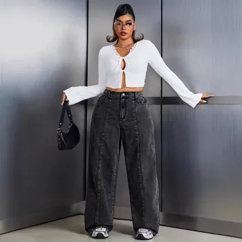 Women Plus Size Jeans High Waist Wide Leg Denim Pants Cotton Distressed Denim Jeans Oversized Straight Cut Jeans for Curvy Plus