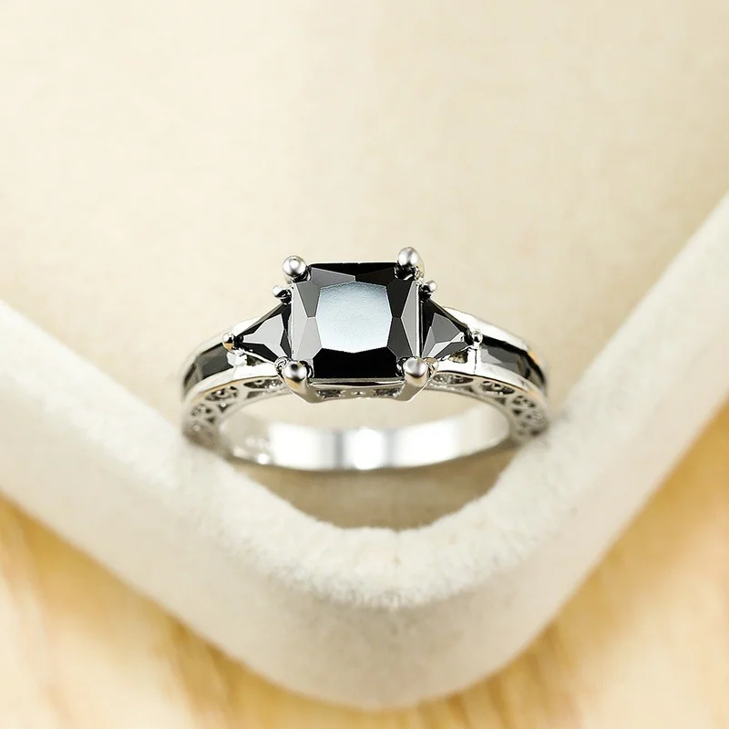 Silver Ring Delicate Trendy for Women Elegant Princess Cut Inlaid Black Zircon Stones Wedding Engagement Jewelry