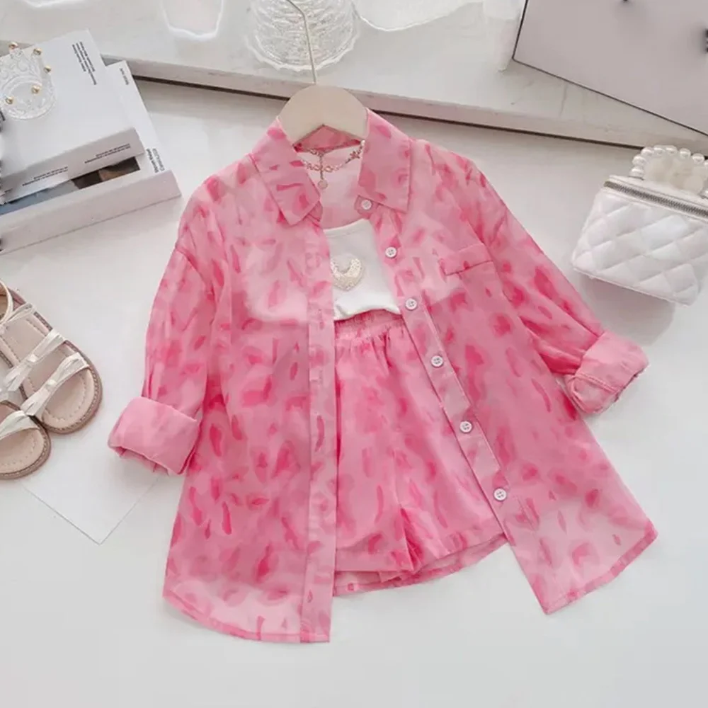 

Girls Pink Leopard Print Clothes Set Summer Kids Sunscreen Long Shirt with Shorts 2 Piece Suit 2-7Years Children Outfits