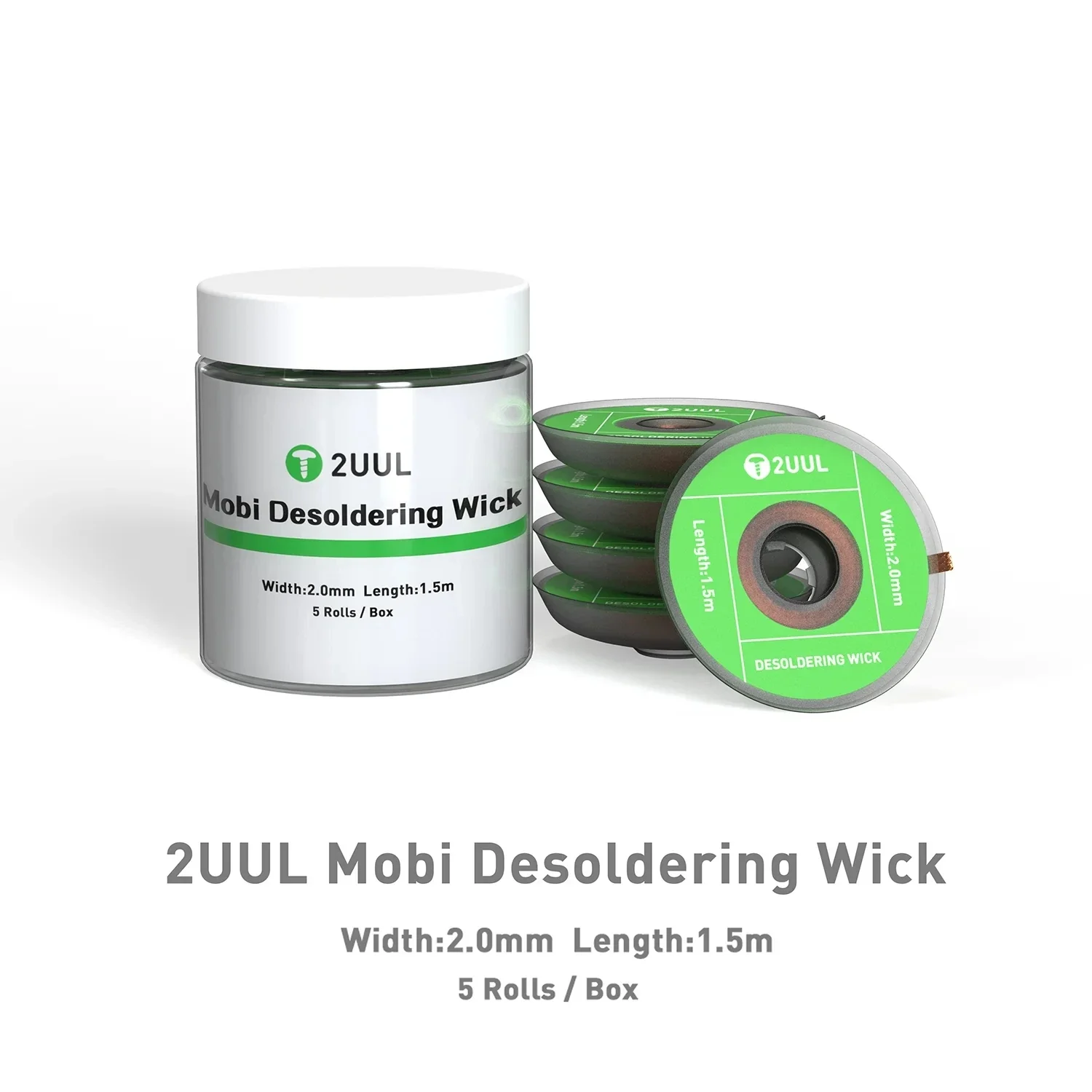 2UUL 디 솔더링 심지 폭 2mm 길이 1.5m 5 롤 메쉬 브레이드 테이프 납땜 용 구리 용접 포인트 수리 도구