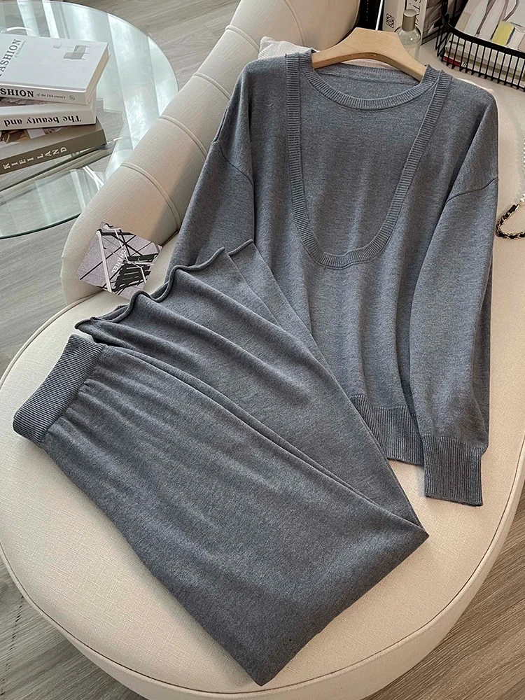 

Retro Loose Knit Pullover 2 Piece Set For Women Conjuntos Para Mujeres 2 Piezas 2023 Autumn Korean Fake Two Piece Blouse Casual