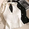 Fashion French Beaded Halter Neck Tie Knot Backless Knitted Vest For Women