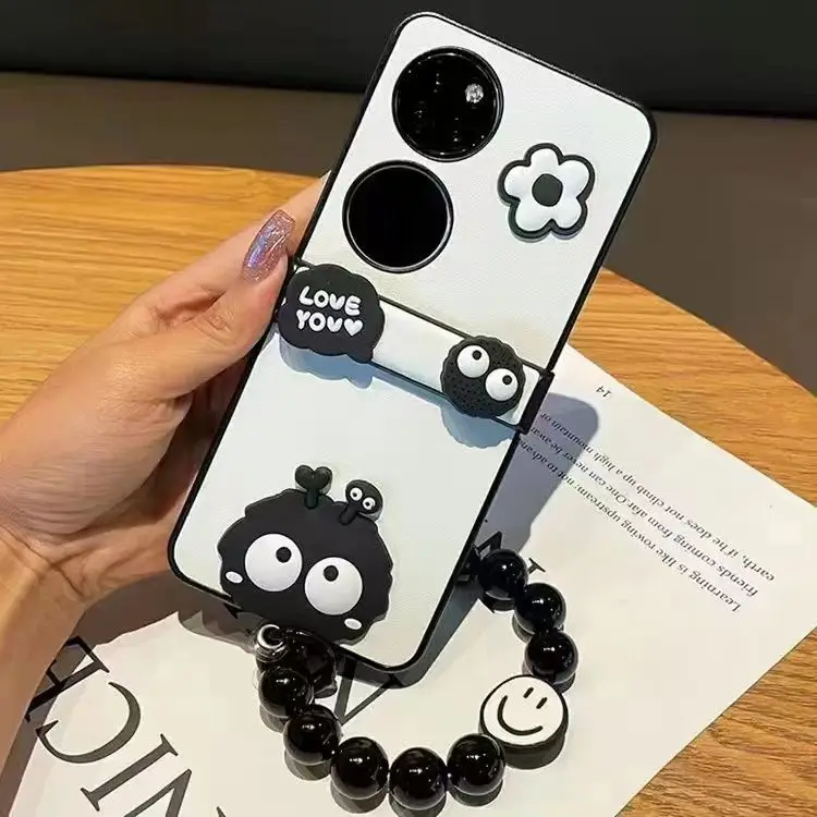 Capa de celular coreana Kawaii com contas de bola de carvão e flor para Huawei P50 Pocket P50Pocket Pocket 2 Pocket2 Cover Funda_voghion.com