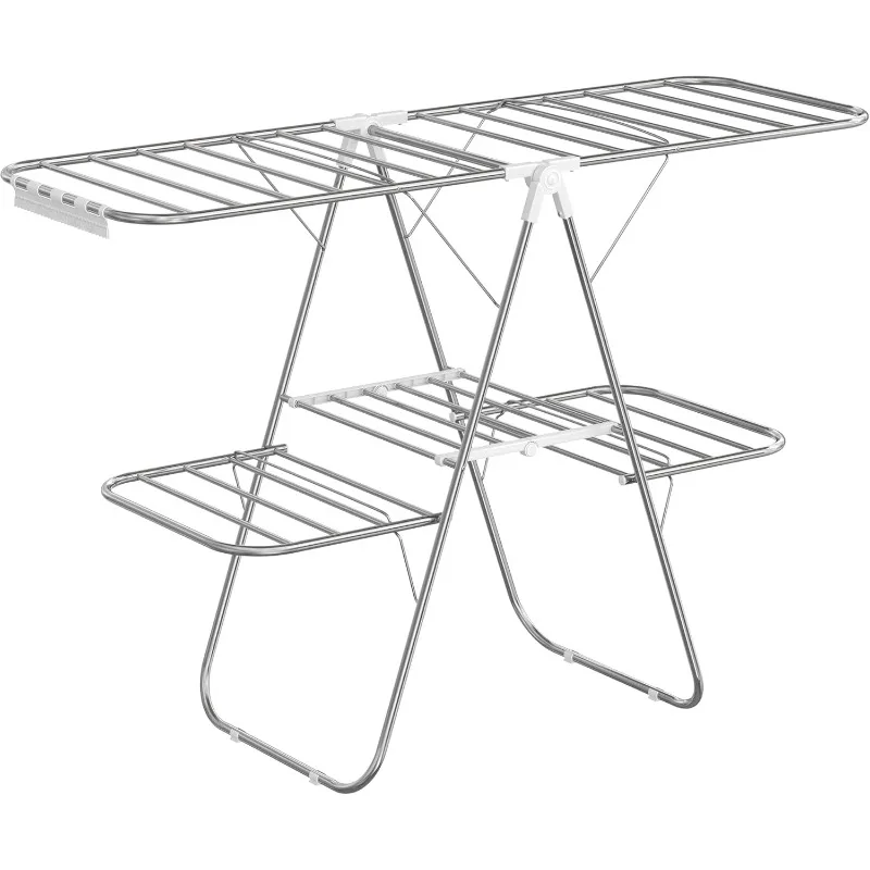 Clothes Drying Rack, Foldable 2-Level Laundry Drying Rack, Free-Standing Large with Height-Adjustable Wings