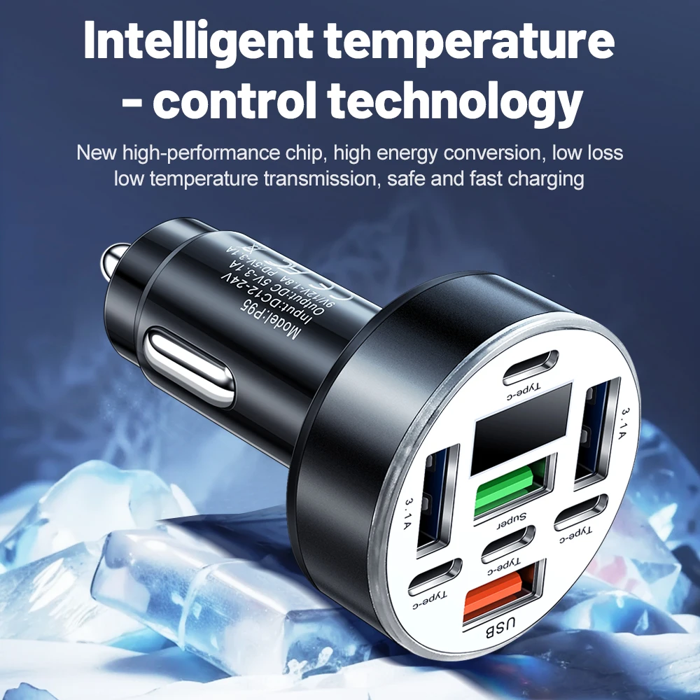 8 Ports Car Charger Fast Charging Digital Display USB Type C Car Phone Charger Adapter for iphone samsung huawei xiaomi