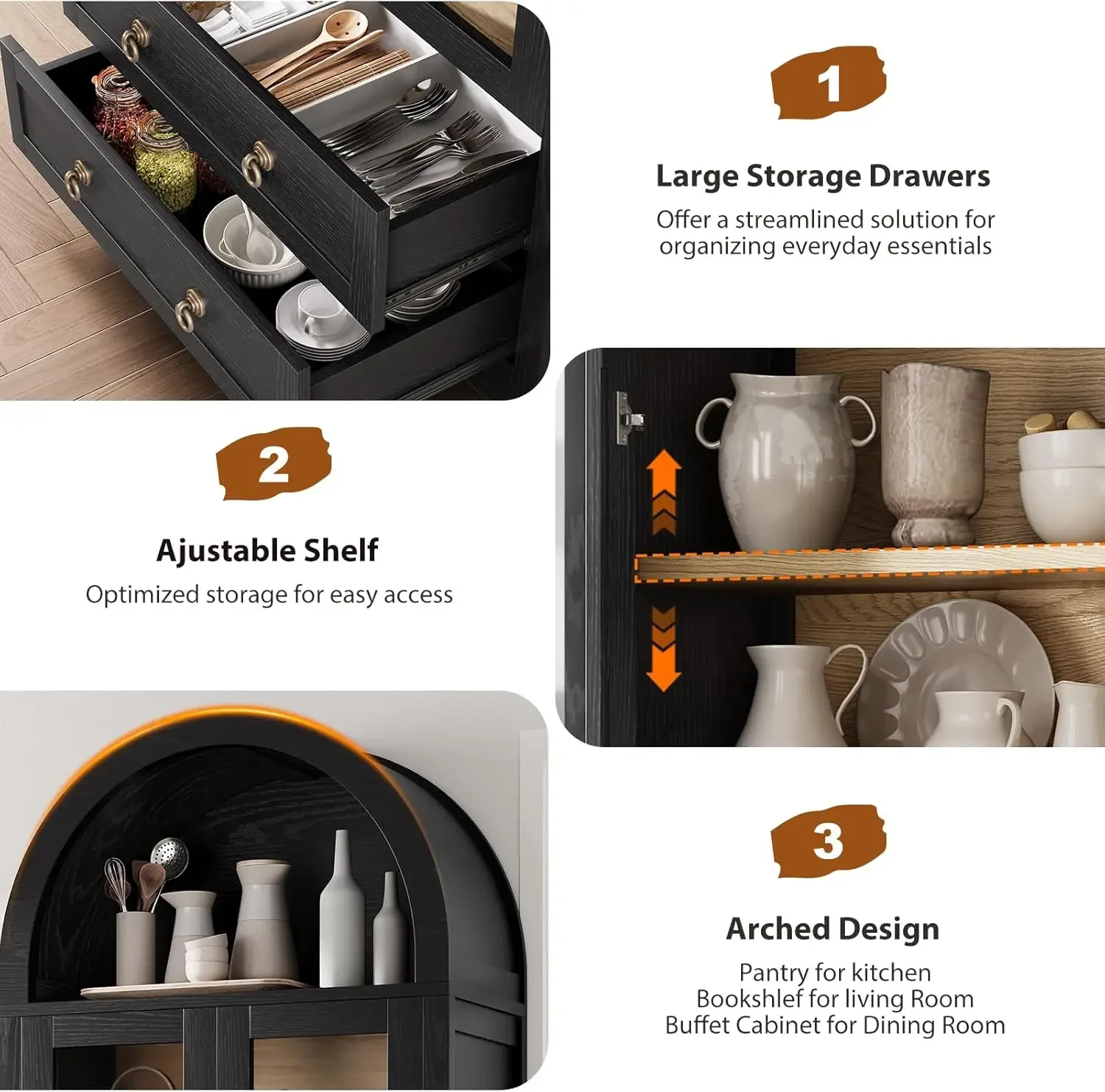 NEW-Kitchen Pantry Cabinet, Arched Bookshelf Bookcase China Pantry Storage Cabinet with Drawers Doors and Shelves,71“