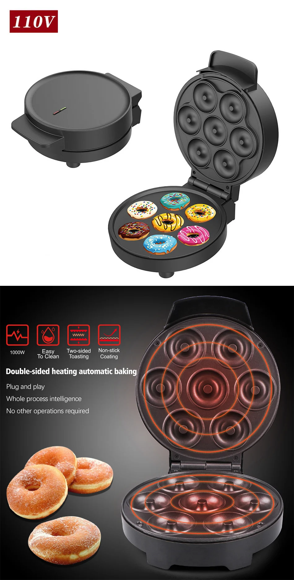 Description Picture 4 of itemHousehold US standard  cake maker toaster donut maker double-sided heating electric cake pan breakfast maker egg tart maker