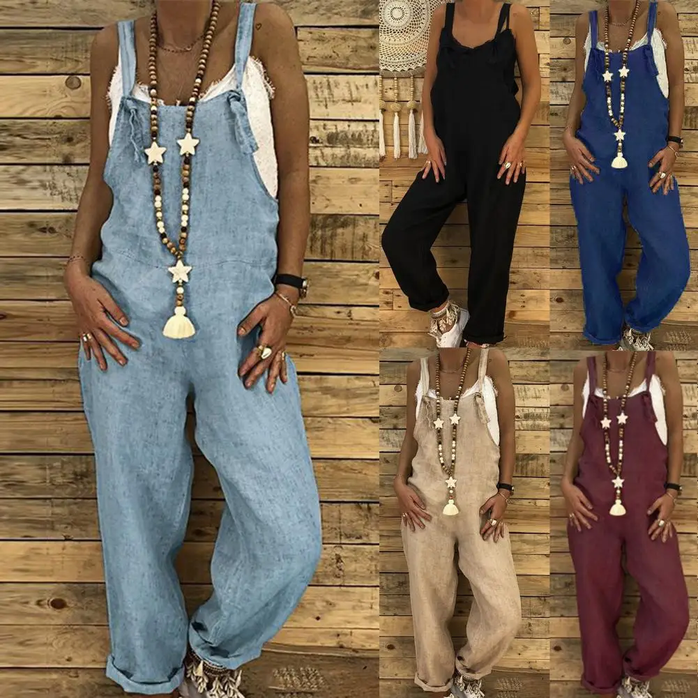 

Women Jumpsuit One-piece Women Romper Thin Loose Fashion Long Pants Sleeveless Square Neck Romper
