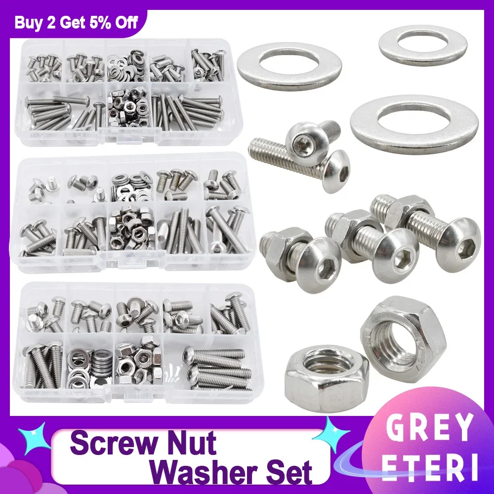 304 Stainless Steel Allen Screw Nut Washer Kit Hex Socket Bolts Gaskets Set Hexagonal Machine Screws Assortment stainless steel screws,screw bolt nut set,hex nuts assortment kit,screw washer nut kit