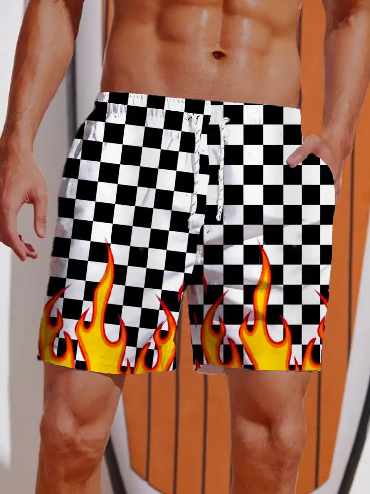 2024 Summer 3D Printed Striped Flame Printing Shorts Men's Board Shorts Swim Trunks Drawstring Breathable Short Hawaiian shorts 2