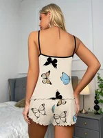Summer Sleepwear Women Butterfly Print Pajamas Set Lettuce Trim Cami Top and Elastic Waistband Shorts Set Loungewear - Image 2