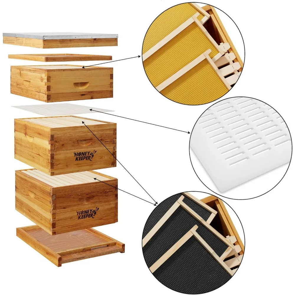 Honey Keeper Beehive 10 Frame Complete Box Kit Coated in Beeswax (Waxed Boxes, 2 Deep and 1 Medium) with Wooden Frames and