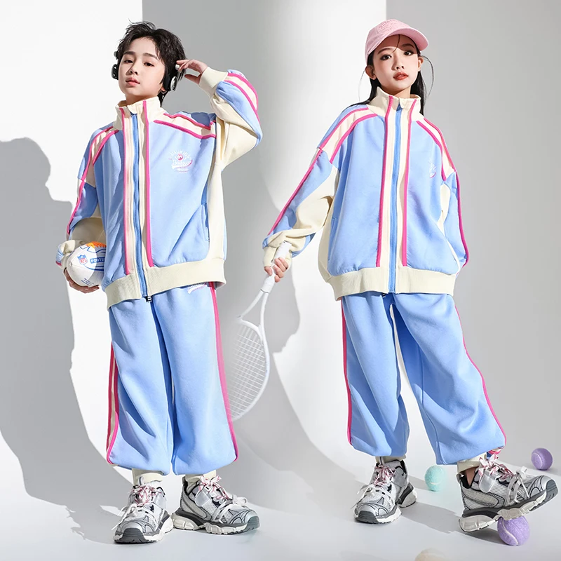 

Kids Hip Hop Clothing Light Blue Jacket Tops Casual Joggers Pants for Girl Boy Streetwear Dance Costume Jazz Clothes Set Outfits