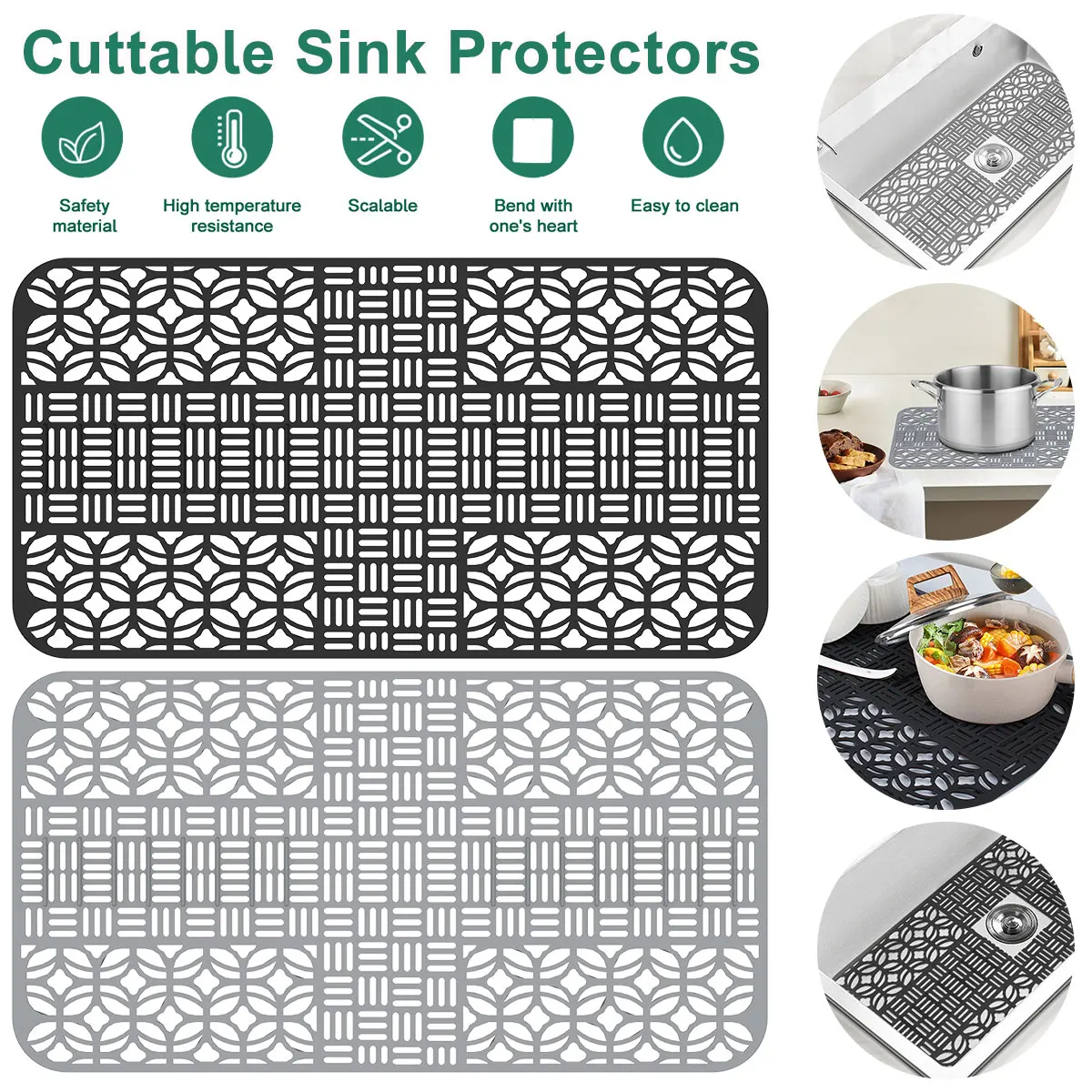 

Silicone Sink Protectors with Drain Holes Heat-Resistant Sink Mat Protector Non-Slip Cuttable Sink Liner Mat Reusable Kitchen