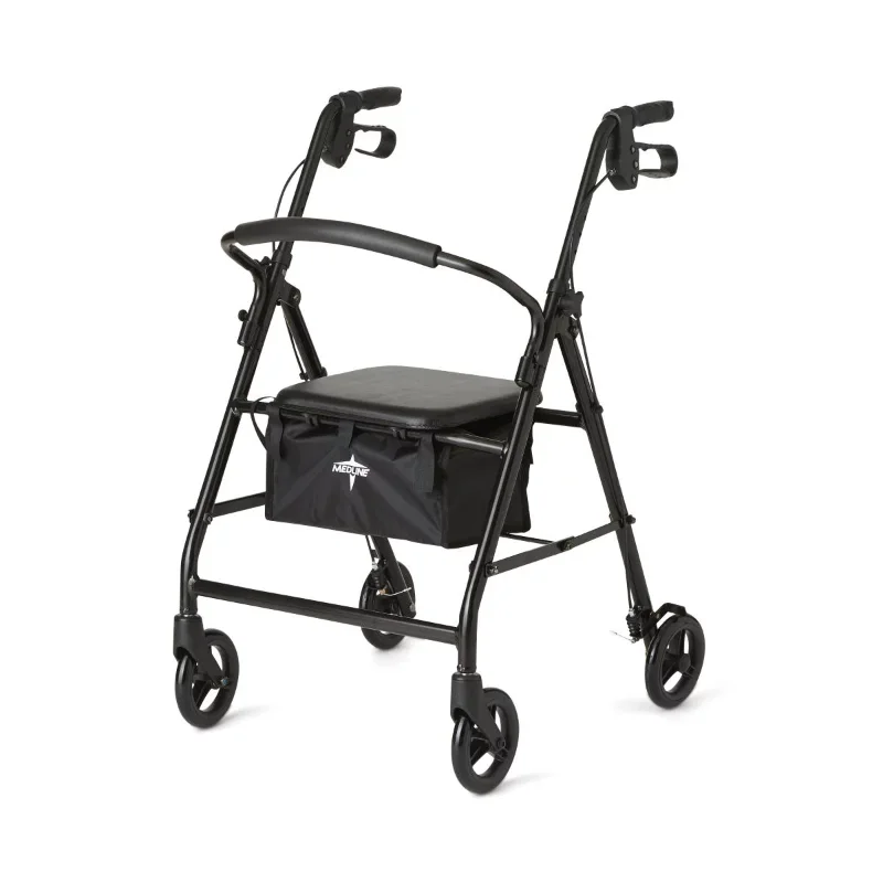 

Medline Strong Steel Rollator, Folding Rolling Walker, 6" Wheels, 300lb Weight Capacity, Black Frame storage box