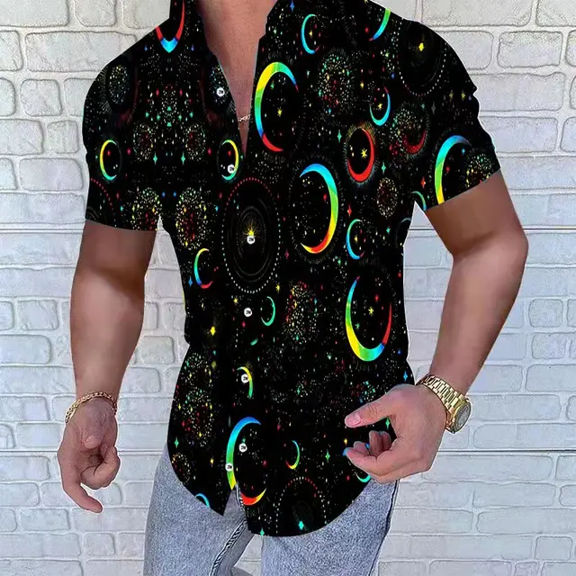 Fashion Nation Style Summer Man's Shirt 3D Printing Stand Collar Single-Breasted Short Sleeve Loose Hawaiian Henley Casual Shirt Short Black