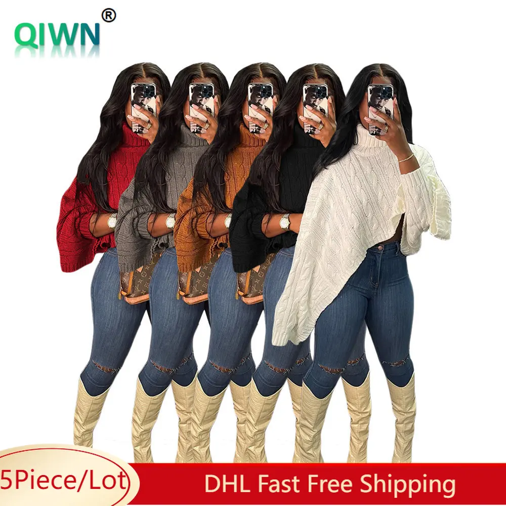 5PcsBulkItemWholesaleWomenSweaterShawlLooseTurtleneckCropped