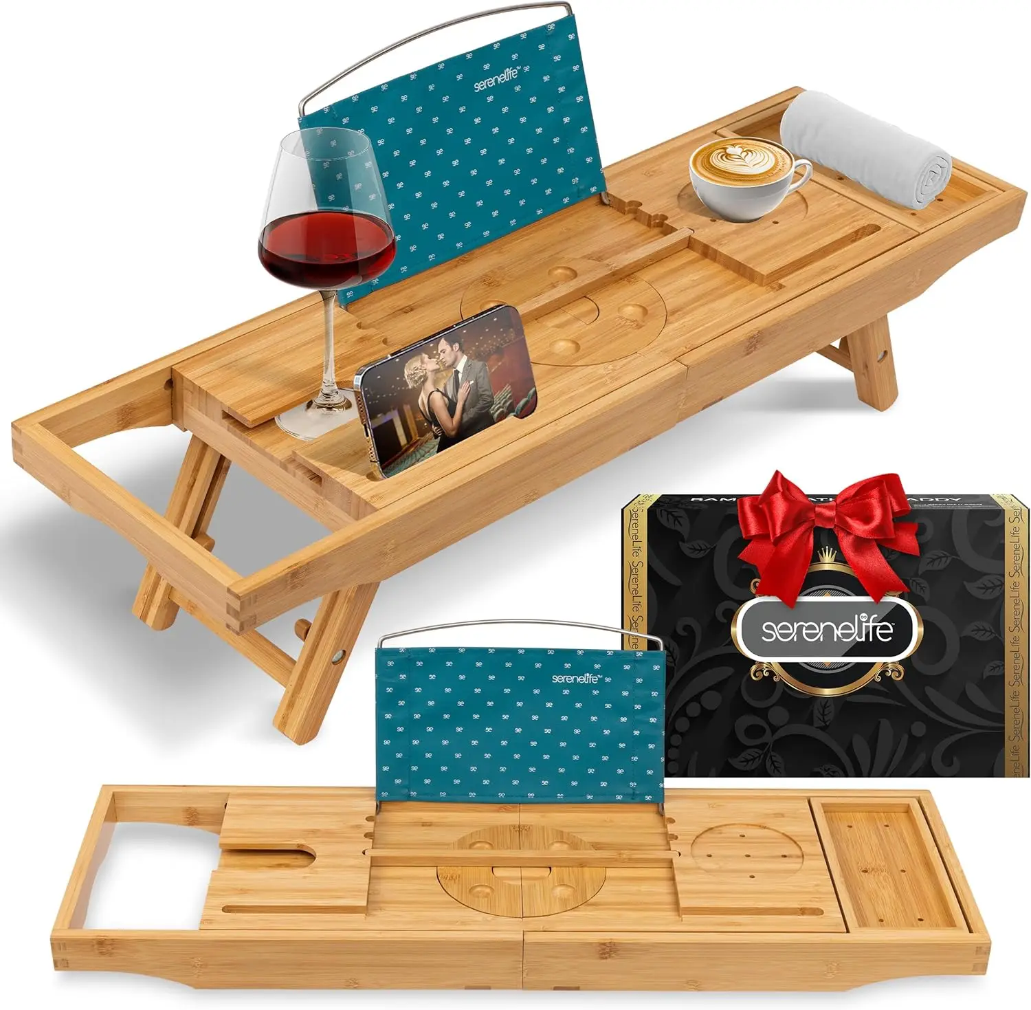 2 in 1 Bed and Bath Tray Foldable Bamboo Bathtub Caddy with Adjustable Length Non-Slip Device Holder Wine Glass Slot