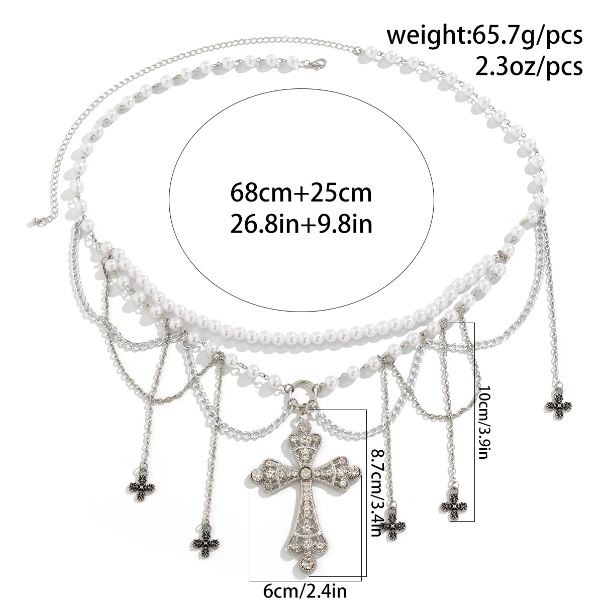 Salircon Steampunk Metal Mesh Tassel Cross Pendant Waist Chain Sexy Gothic Imitation Pearl Body Chain Women Bar Body Jewelry
