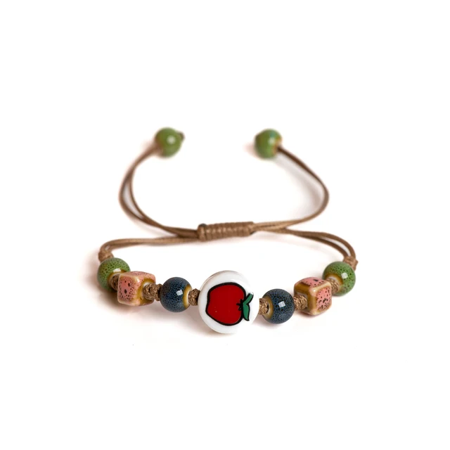 Handmade Apple Ceramic Bracelet Adjustable Woven Cord Cute Cartoon Style Jewelry for Gifts