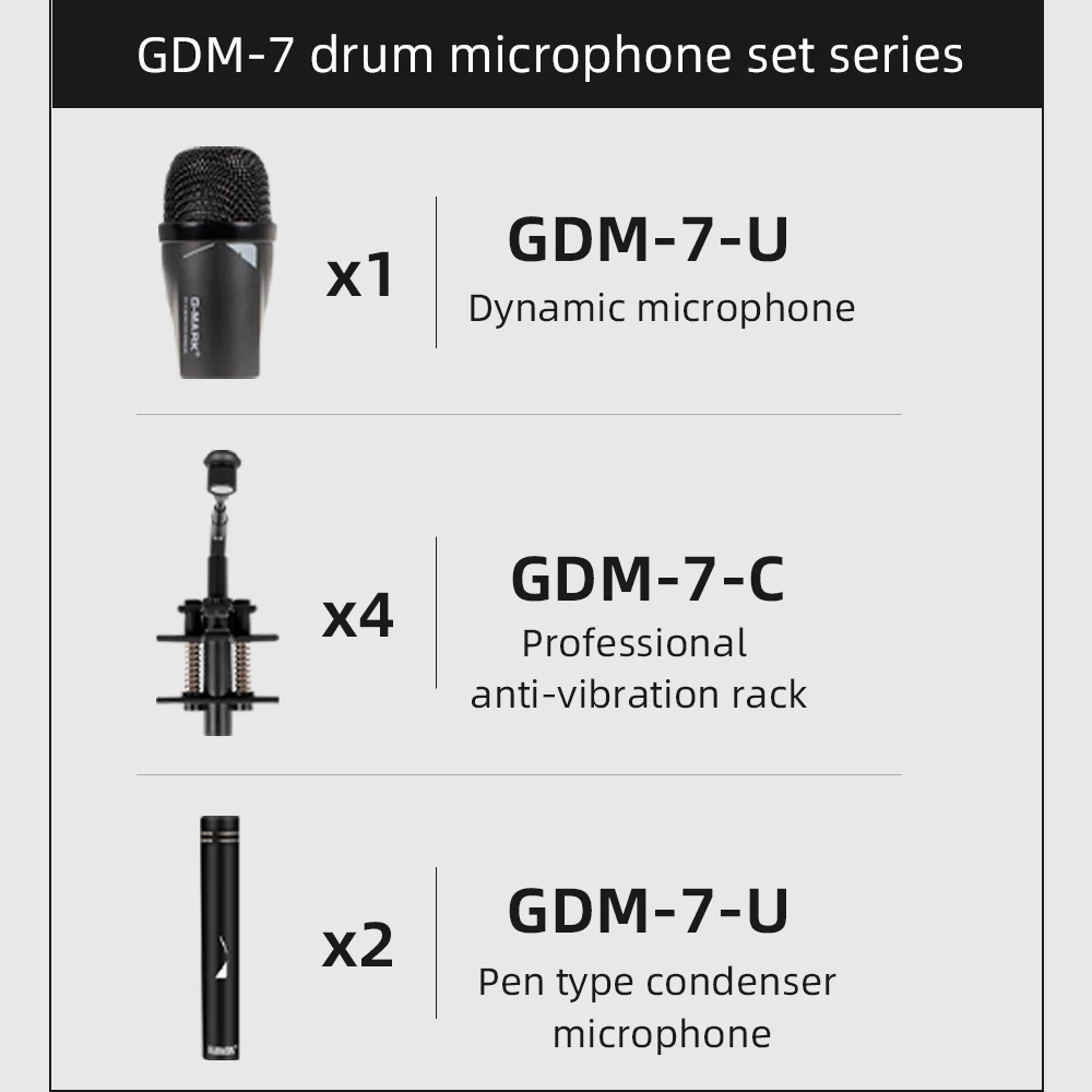  G-MARK 7-Piece Drum Mics, G7 Dynamic Drum Microphone Kit for  Bass/Kick Drum, Snare Drums, Toms & Cymbals for Studio Recording and Live  Performance : Musical Instruments