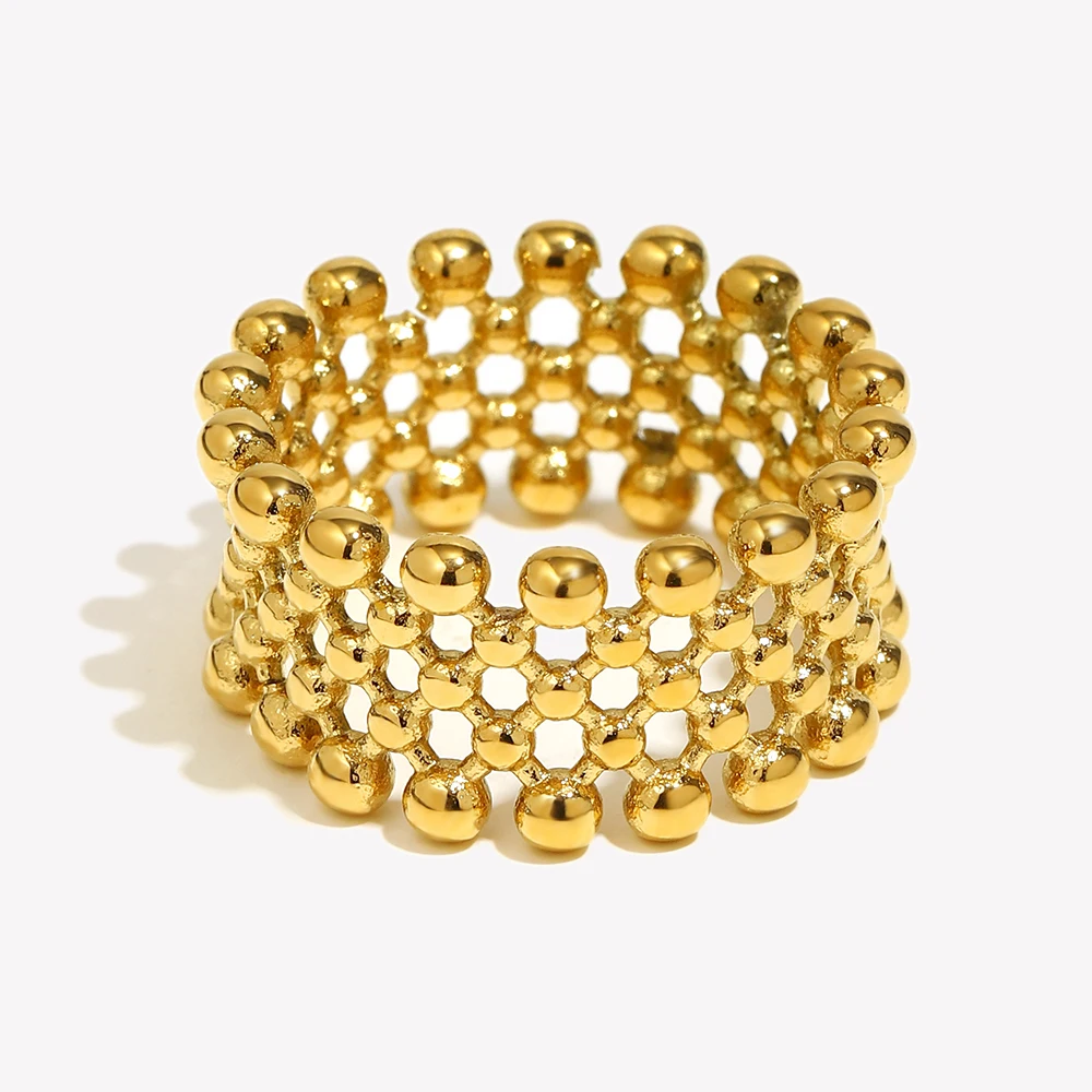 Small Ball Mesh Faced Cross Arranged Ring Water Resistant 18K