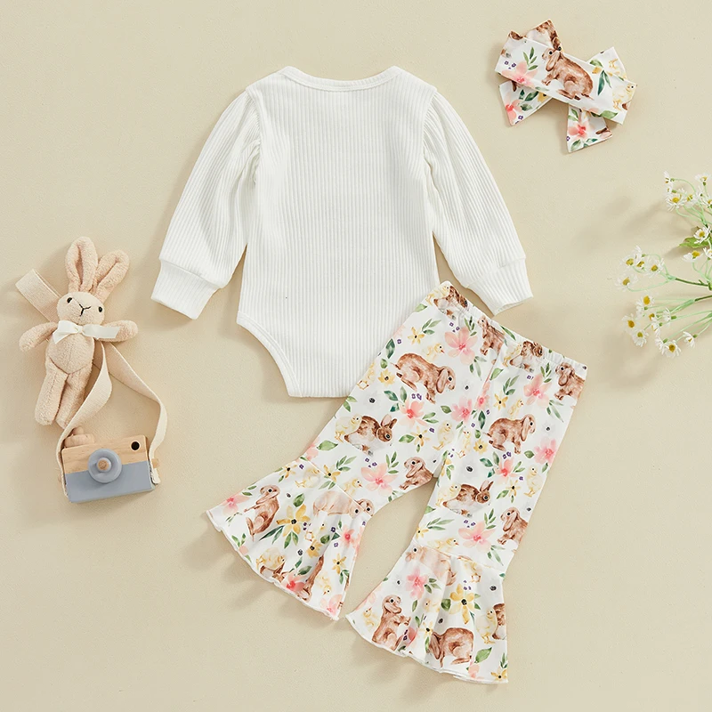 

Newborn Toddler Baby Girl Easter Outfit Long Sleeve Crew Neck Romper Top Bunny Print Flared Pants Bow Headband