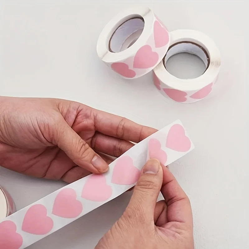 Enchanting Pink Heart Stickers - 500pcs/Roll Self-Adhesive Labels for Wedding and Gift Decoration