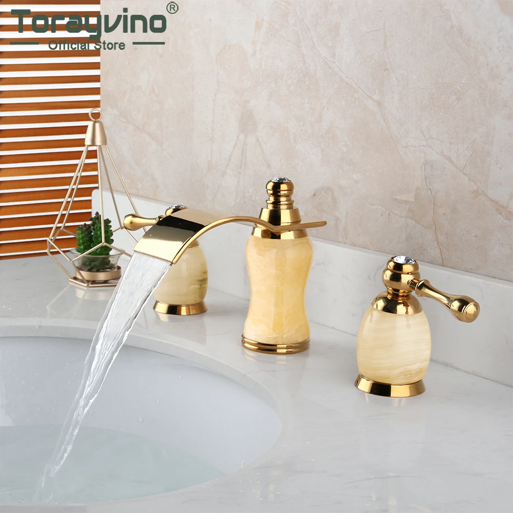 

Torayvino Bathroom Gold Plated 3 Pcs 2 Lever Golden And Jade Stone Combo Bathtub Faucet Washasin Sink Deck Mounted Mixer Tap