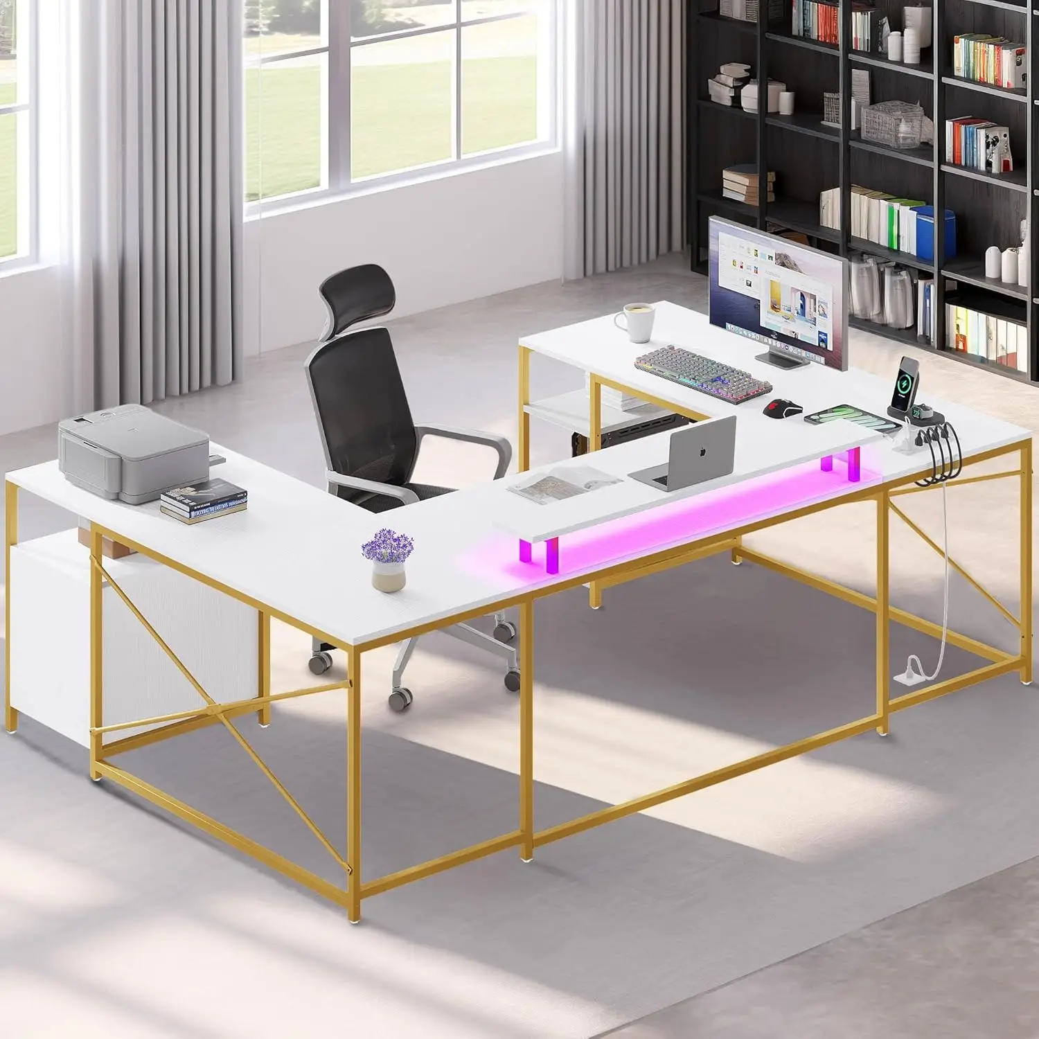 U Shaped Desk with Drawers, 79" Reversible L Shaped Desk with Power Outlets & LED Lights, Corner Computer , White & Gold