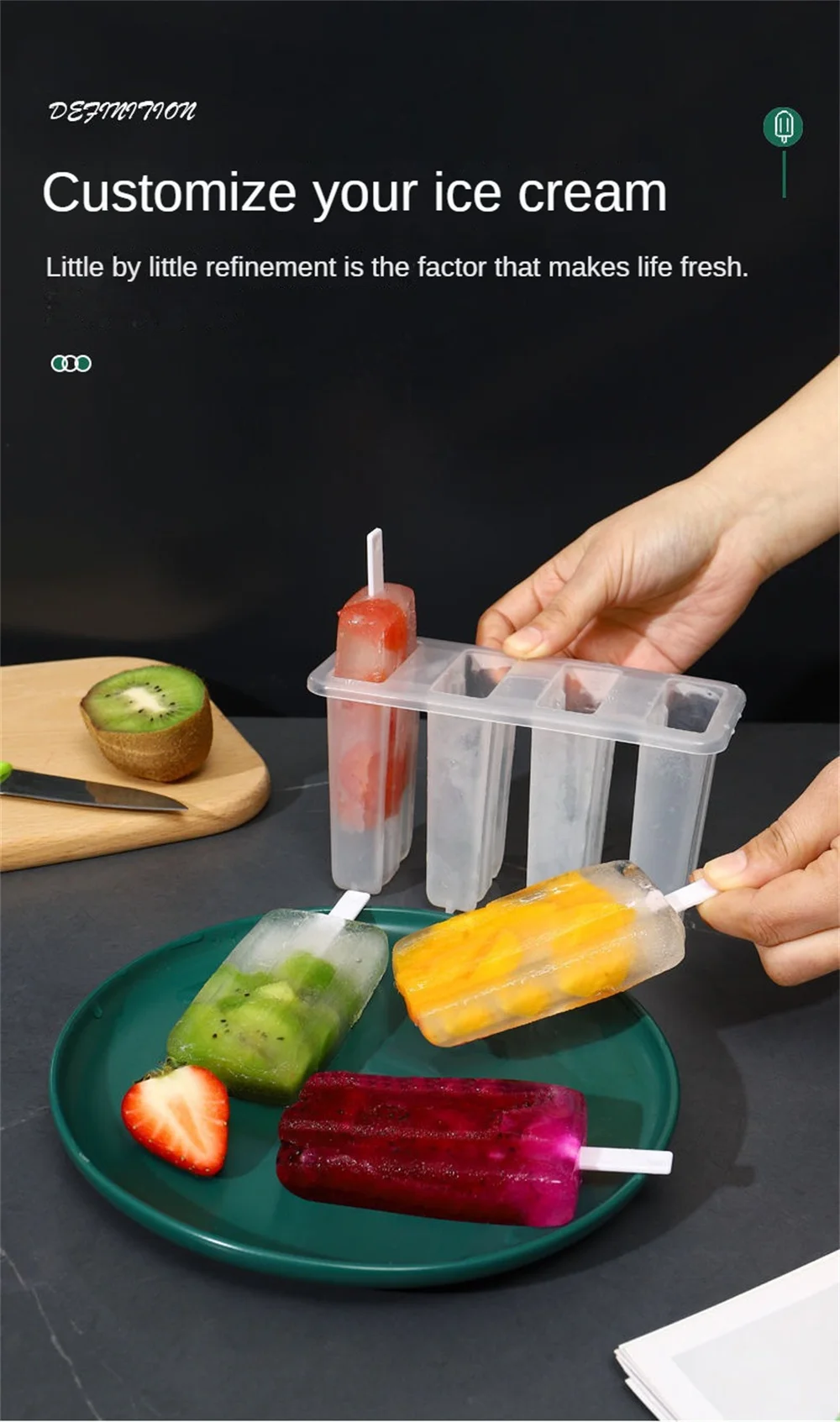 Description Picture 6 of itemIce Cream Molds 4 Popsicle Molds Set Popsicle Ice Tray Ice Cream Reusable with Stick Cover ice mold Kitchen Accessories