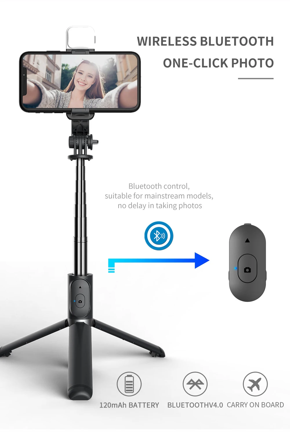 Wireless Bluetooth Selfie Stick Tripod for iPhone Android Smartphone with Remote LED Light