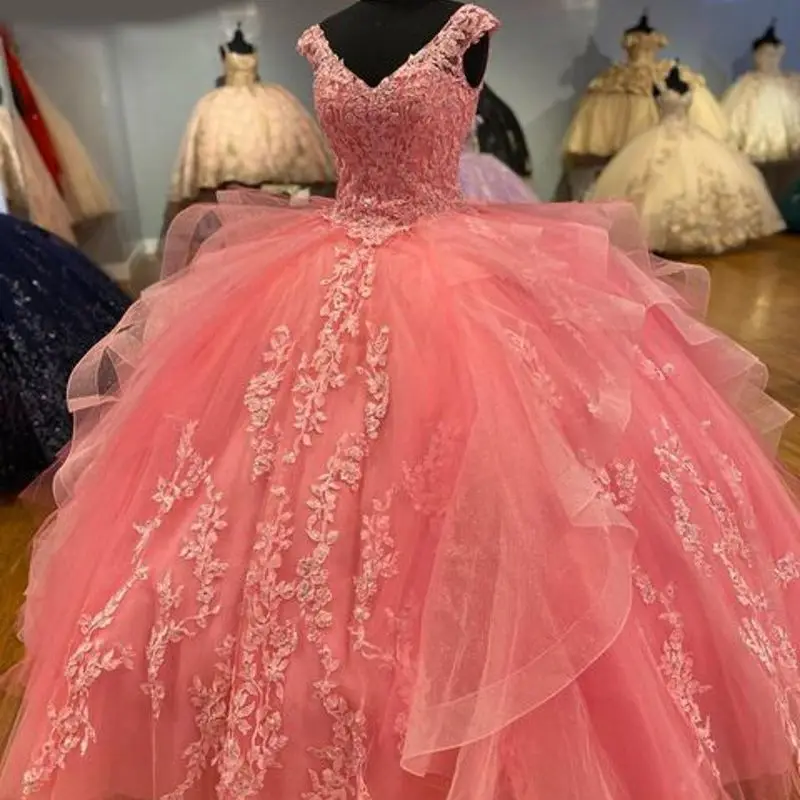 

Watermelon Quinceanera Dress Puffy Lace Appliqued Beaded Ruffle Bow Sweet 16 Dress Vestidos De Xv Años Ball Gowns Pageant Wear