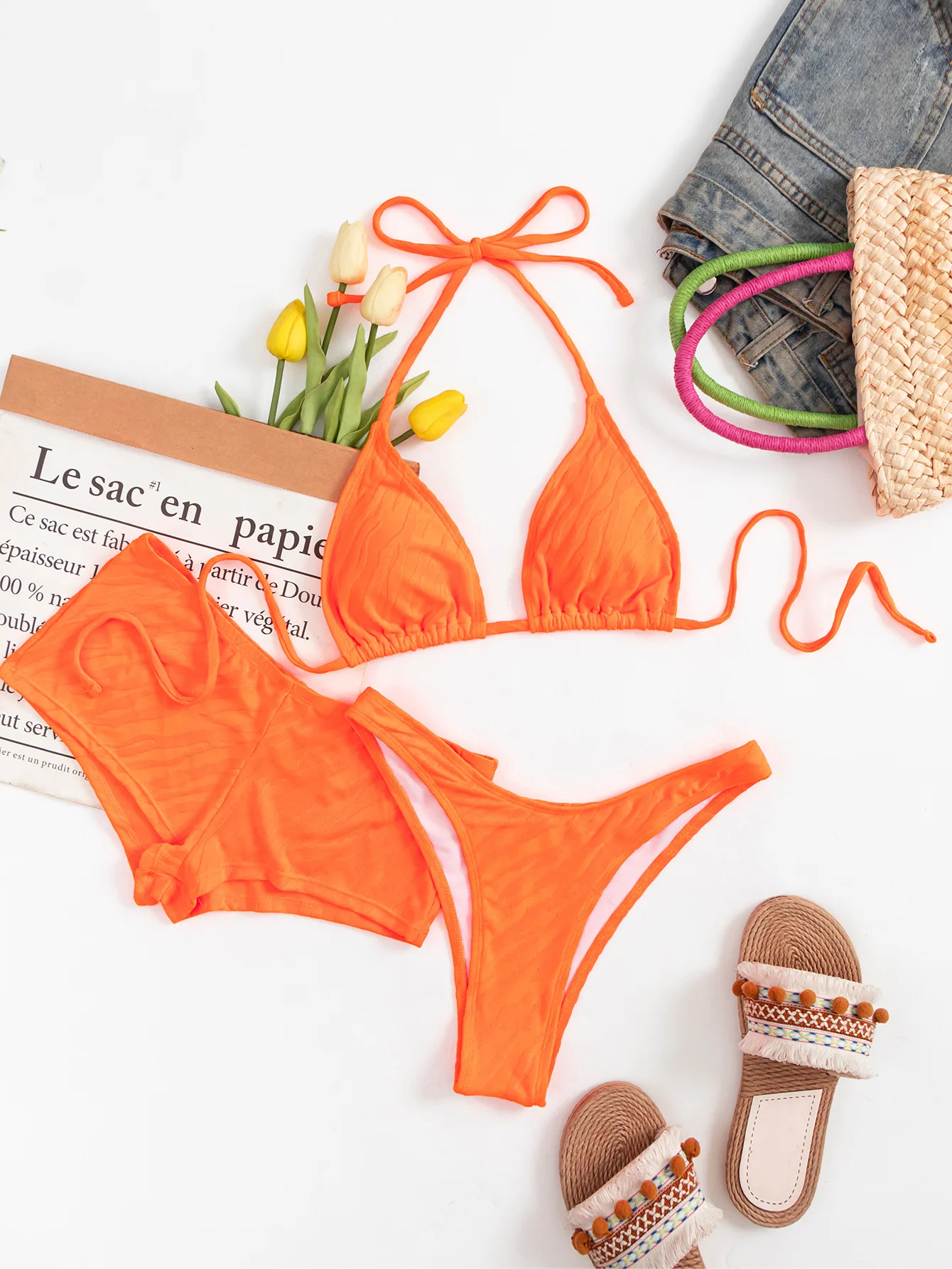 3pcs Women's Sexy Bikini Set with Flat Angle Pants Hip Lifting Split Swimsuit Bandage Swimwear Beachwear Beach Fashion Swimming