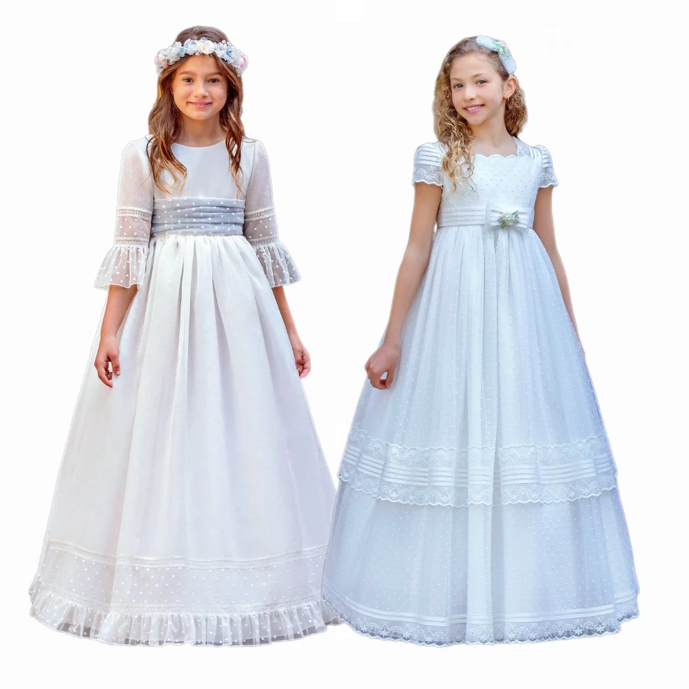 Elegant First Communion Gowns Flower Girls Dress Bow Formal Gowns Tulle Kids Birthday Party Wedding Dresses Ariety of Styles 1