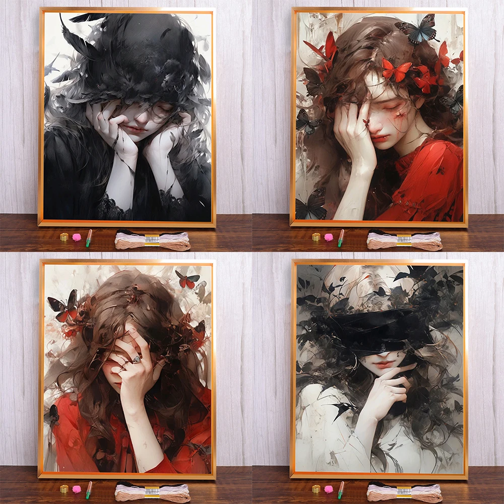 

Portrait Girl Butterfly Pre-Printed 11CT Cross-Stitch Embroidery Full Kit Handiwork Hobby Craft Knitting Magic Stamped Jewelry