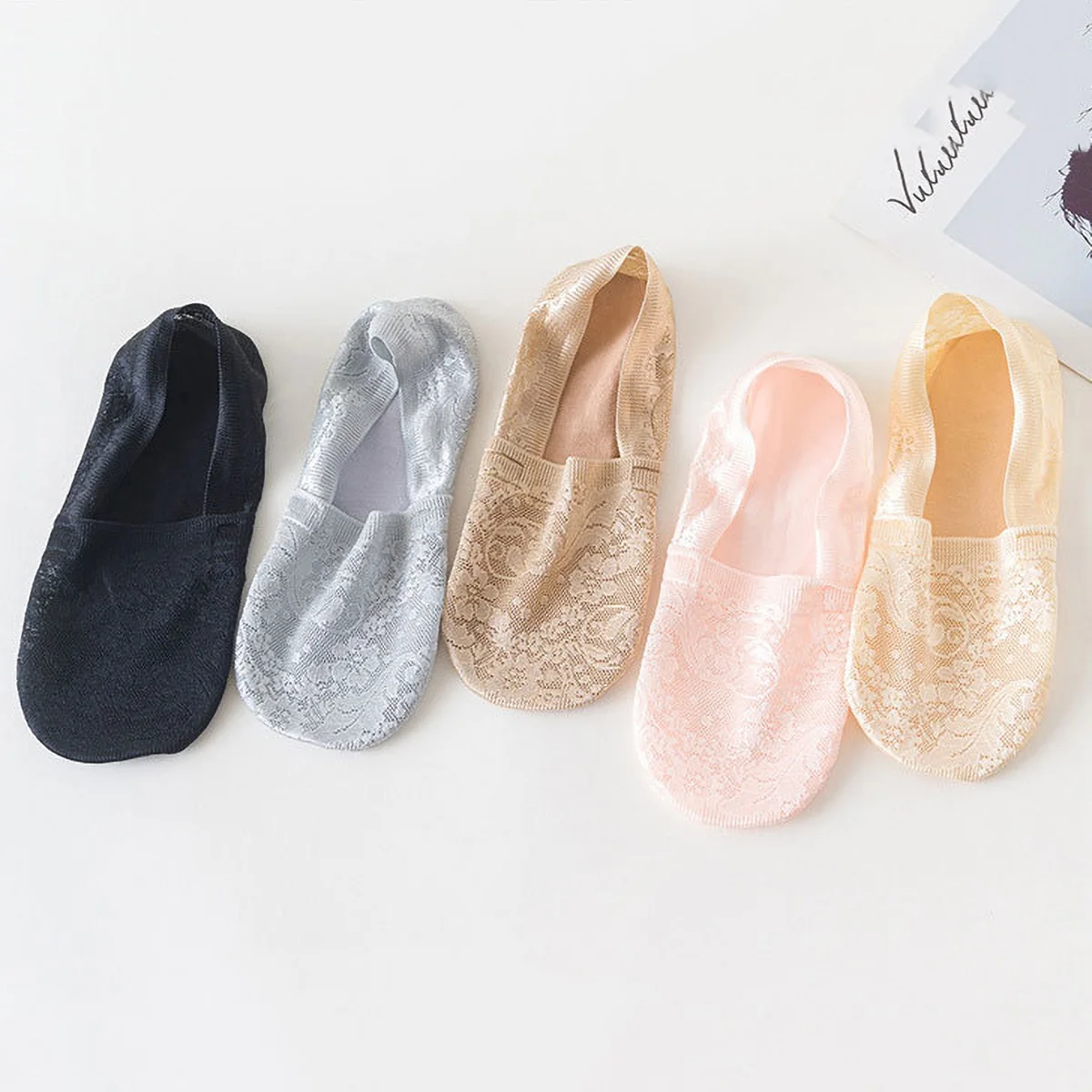 5 Paar Damen Sommer Spitzen Unsichtbare Socken Boot Mesh Dünne Niedrig Geschnittene Socken Slipper Damen Knöchelsocken Silikon Rutschfeste Socken – Detail 3