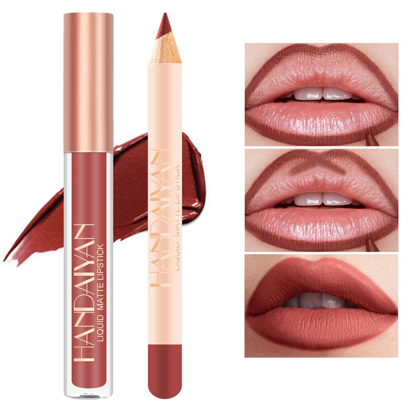 

HANDAIYAN Makeup Korean Matte Lip Gloss Lipliner Set Women Professional Waterproof Lips Red Velvet Nude Lipstick Lip Liners Pen