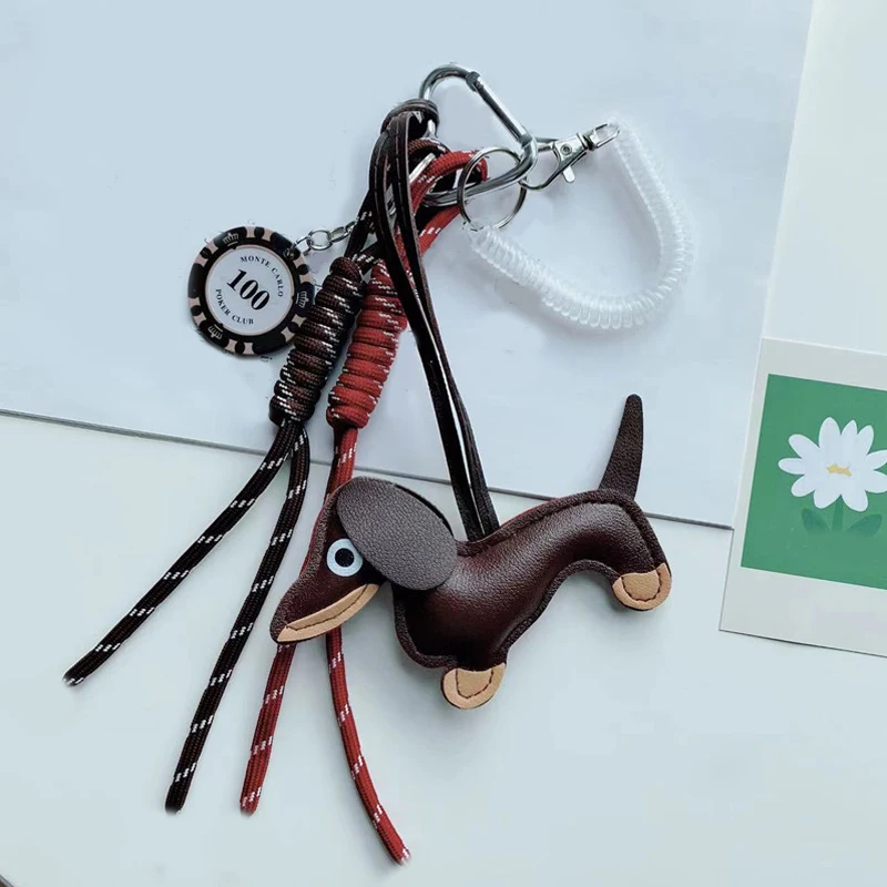 Trendy Gift Cute Sausage Dog Keychain Leather Woven Rope Anti-Lost Luggage Tag Car Bag Charm Men Women Fashion Accessories Gifts