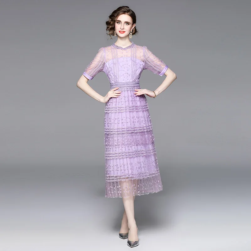 

Summer New Round Neck Perspective Short Sleeve Embroidered Waist Large Swing Mid-length Princess Style Dress