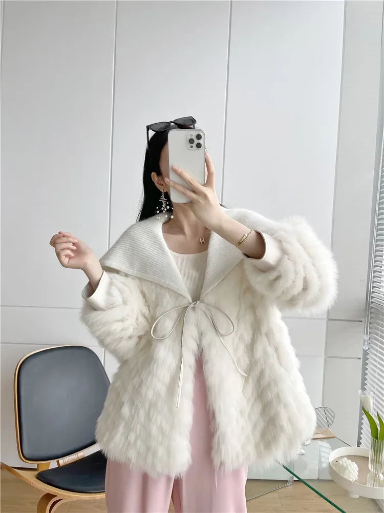 Real Fox Fur Coat Women's Clothing Long Young Fur Coat Large Lapel 2023 Autumn Winter Knitted Thick Warm Fur Lace Fluffy Jacket